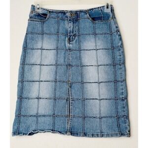 Lazer Jeans Denim Grid Patchwork Skirt Light Wash Midi